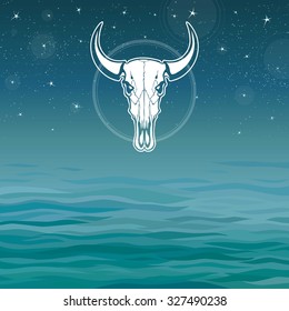 Stylized skull of a bull on a sea background. 