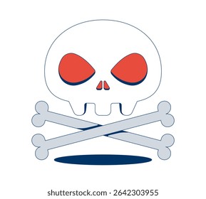 Crânio estilizado e ossos cruzados com objeto cartoon 2D de encaixes oculares. Perigo, ciberameaça, pirataria digital. Cybersecurity malware isolado elemento plano vetor clip art no branco. Ilustração pontual