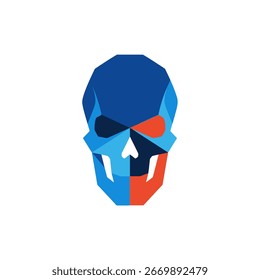 A stylized skull is depicted with geometric shapes and vibrant colors. The design is symmetrical and modern.