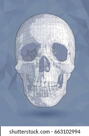 Stylized skull drawing with wireframe edge on blue polygonal background