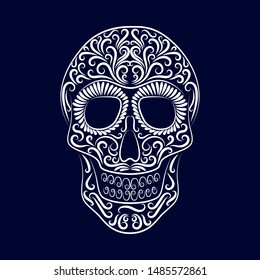 The stylized skull is drawn by a white line from the ornament on a blue background. Symbol. Day of the dead. Holiday. Mexico. Tattoo. Template. Silhouette. Circuit. Dia de los Muertos. Vector.