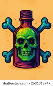 Stylized skull encased in bottle with crossbones creates graphic design for t-shirts or posters.
