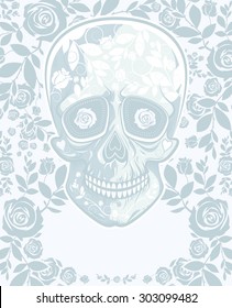 Stylized skull with floral elements in vector on the background with flowers of roses pattern. Template for Day Of The Dead and Halloween design, print, banner, poster with empty space for text. Grey.