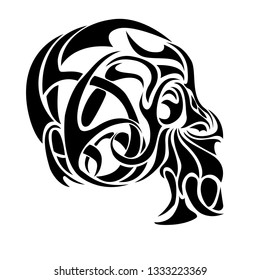 Stylized skull head black. Vector illustration drawn by hand. Print for clothes. Tattoo

