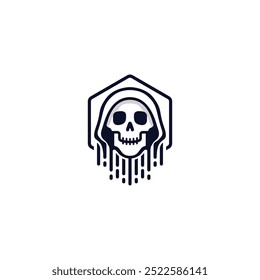 A stylized skull with a hood, conveying a mysterious or ominous tone. Logo, vector, emblem, label, badge. template