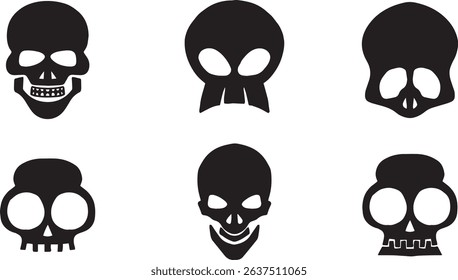 Stylized Skull Icons Pack – Black Vector Illustrations for Horror, Danger, or Anatomy