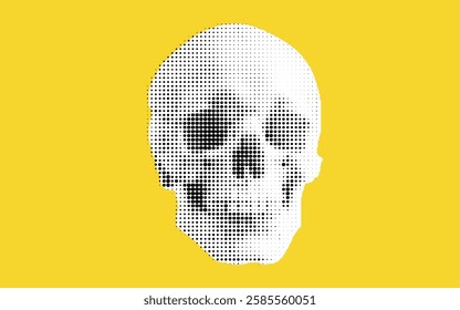 A stylized skull illustration created with a dotted pattern on a bright yellow background.