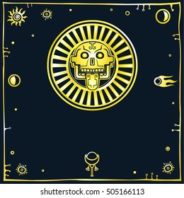 Stylized skull. Pagan god of death. Motives of art Native American Indian. Ethnic design,  space symbol. Gold imitation.  Vector illustration isolated on a black background.