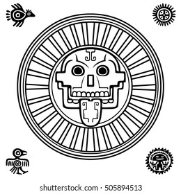 Stylized skull. Pagan god of death. Motives of art Native American Indian. Ethnic design, boho chic, tribal symbol. Vector illustration: the black silhouette isolated on a white background.