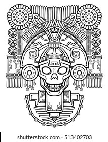 Stylized skull. Pagan god of death. Motives of art Native American Indian. Vector illustration: the black silhouette isolated on a white background. Be used for coloring book.Print, posters, t-shirt.