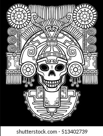 Stylized skull. Pagan god of death. Motives of art Native American Indian. Vector illustration: the white silhouette isolated on a black background. Ethnic design, boho chic. Print, posters, t-shirt.