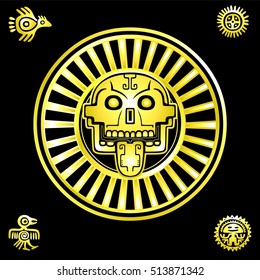 Stylized skull. Pagan god of death. Motives of art Native American Indian. Ethnic design, boho chic, tribal symbol. Gold imitation. Vector illustration isolated on a black background. 