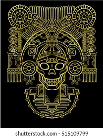 Stylized skull. Pagan god of death. Motives of art Native American Indian.  Vector illustration: yellow silhouette isolated on a black background. Gold imitation. Print, posters, t-shirt, textiles.