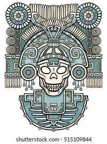 Stylized skull. Pagan god of death. Motives of art Native American Indian. Vector  color illustration isolated on a white background. Ethnic design, boho chic. Print, posters, t-shirt, textiles.