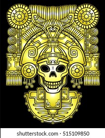 Stylized skull. Pagan god of death. Motives of art Native American Indian.  Vector illustration: yellow silhouette isolated on a black background. Gold imitation. Print, posters, t-shirt, textiles.