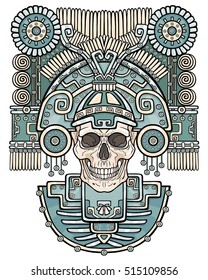 Stilisierter Schädel. Heidengott. Motive der Kunst Indianer Indianer Indianer. Vektorgrafik einzeln auf weißem Hintergrund. Ethnisches Design, Boho-Chic. Drucken, Plakate, T-Shirt, Textilien.