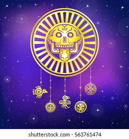 Stylized skull. Pagan god of death. Motives of art Native American Indian. Ethnic design, boho chic, tribal symbol. Gold imitation. Vector illustration, background - the night star sky.