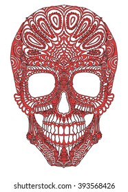 Stylized skull red art with dark contours on white background. 