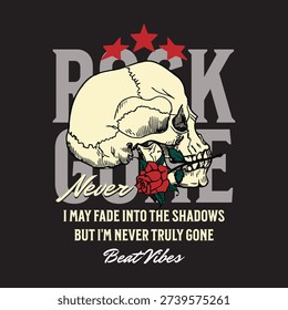 A stylized skull with a red rose gripped in its teeth, set against a dark background with bold text.