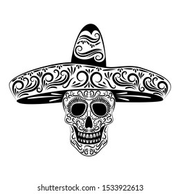 The stylized skull in sombrero is drawn with a black line from the ornament. Symbol. The day of the Dead. Holiday. Mexico. Isolated image. Tattoos Template. Silhouette. Halloween