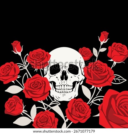 Stylized skull surrounded by red roses on a black background. Gothic, romantic, Day of the Dead aesthetic.