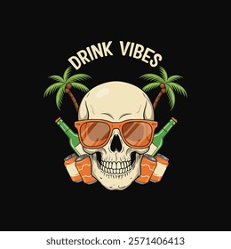 A stylized skull wearing sunglasses is surrounded by beer bottles, cans, and palm trees representing a summer drink vibe.