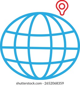 Stylized sky blue globe icon with a clean location pin. Great for mobile apps, travel guides, GPS, and world logistics.