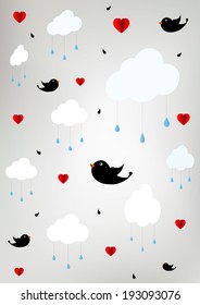 stylized sky with clouds, raindrops, birds and hearts - paper cut