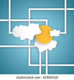 Stylized sky illustration with abstract background, paper flat origami clouds and sun. Vector illustration.