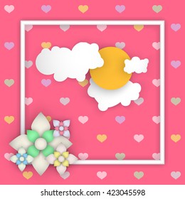 Stylized sky illustration with abstract background, paper flat origami clouds and sun. Vector illustration.