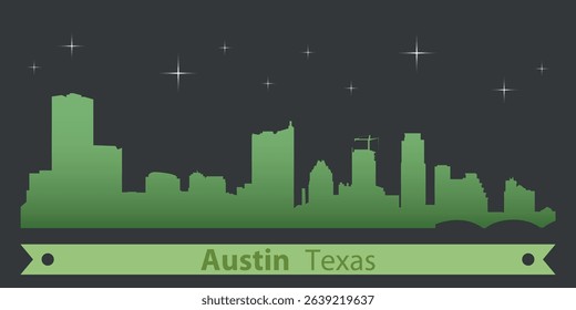 stylized skyline of Austin, Texas with green silhouette of buildings on a dark background against the sky with several stars and green ribbon for text