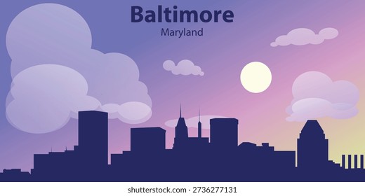 Stylized skyline of Baltimore, Maryland at sunset. Modern flat illustration with urban silhouette, pastel gradient sky, sun and soft clouds.