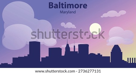 Stylized skyline of Baltimore, Maryland at sunset. Modern flat illustration with urban silhouette, pastel gradient sky, sun and soft clouds.