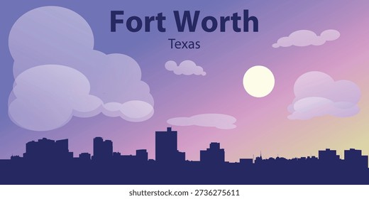 Stylized skyline of Fort Worth, Texas at sunset. Modern flat illustration with urban silhouette, pastel gradient sky, sun and soft clouds. Ideal for travel, business, web and editorial city background