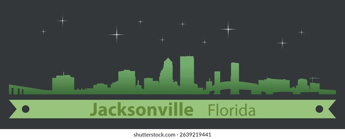 stylized skyline of Jacksonville, Florida with green silhouette of buildings on a dark background against the sky with several stars and green ribbon for text

