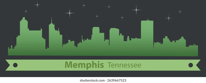 stylized skyline of Memphis, Tennessee with green silhouette of buildings on a dark background against the sky with several stars and green ribbon for text
