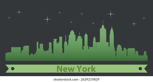 stylized skyline of New York with green silhouette of buildings on a dark background against the sky with several stars and green ribbon for text

