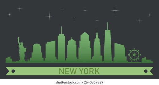 stylized skyline of New York with green silhouette of buildings on a dark background against the sky with several stars and green ribbon for text