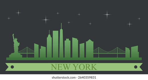 stylized skyline of New York with green silhouette of buildings on a dark background against the sky with several stars and green ribbon for text