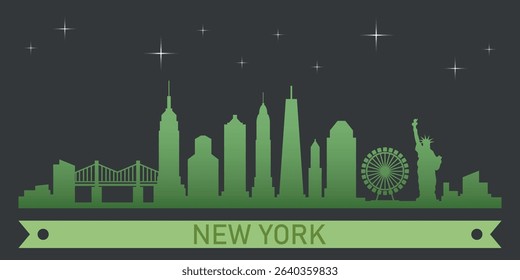 stylized skyline of New York with green silhouette of buildings on a dark background against the sky with several stars and green ribbon for text