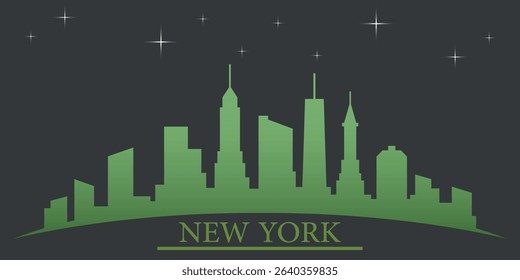 stylized skyline of New York with green silhouette of buildings on a dark background against the sky with several stars and green ribbon for text