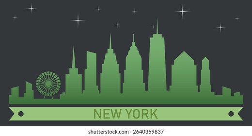 stylized skyline of New York with green silhouette of buildings on a dark background against the sky with several stars and green ribbon for text