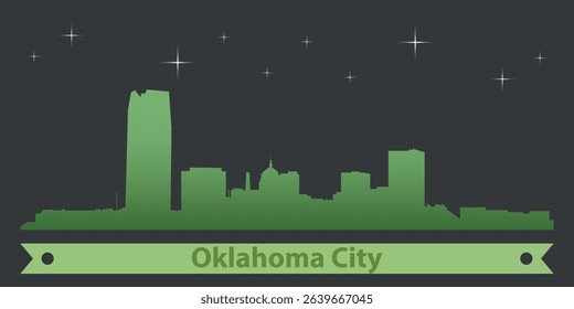 stylized skyline of Oklahoma with green silhouette of buildings on a dark background against the sky with several stars and green ribbon for text
