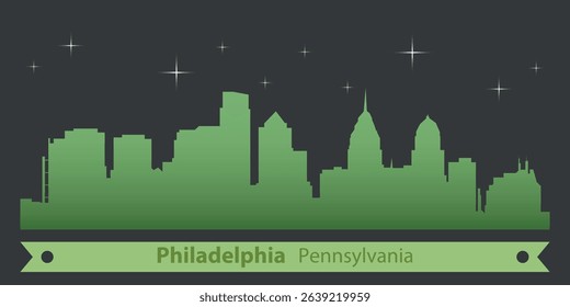 stylized skyline of Philadelphia, Pennsylvania with green silhouette of buildings on a dark background against the sky with several stars and green ribbon for text

