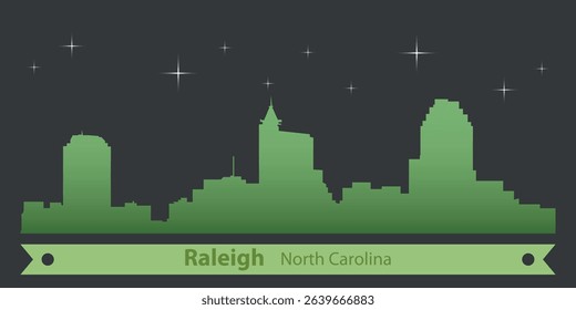 stylized skyline of Raleigh, North Carolina with green silhouette of buildings on a dark background against the sky with several stars and green ribbon for text

