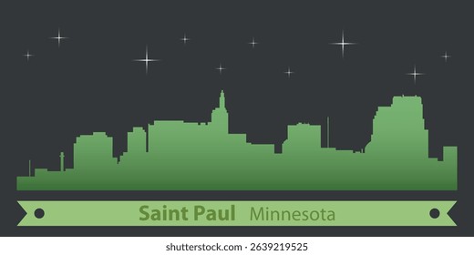  stylized skyline of Saint Paul, Minnesota with green silhouette of buildings on a dark background against the sky with several stars and green ribbon for text
