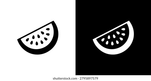 A stylized slice of watermelon with seeds displayed on both white and black backgrounds creating a striking visual contrast for food graphics