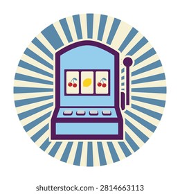 A stylized slot machine icon featuring cherry and lemon reel symbols set against a blue and beige sunburst pattern. Perfect for casino, gambling, and gaming themes.