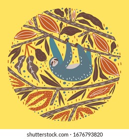 Stylized sloth climbing the tree, leaves, flowers and fruits circle composition. Vector templates for cover, print, postcard style and other users