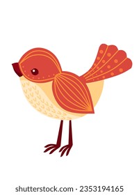 Stylized small cartoon bird with orange pattern cute animal design vector illustration isolated on white background